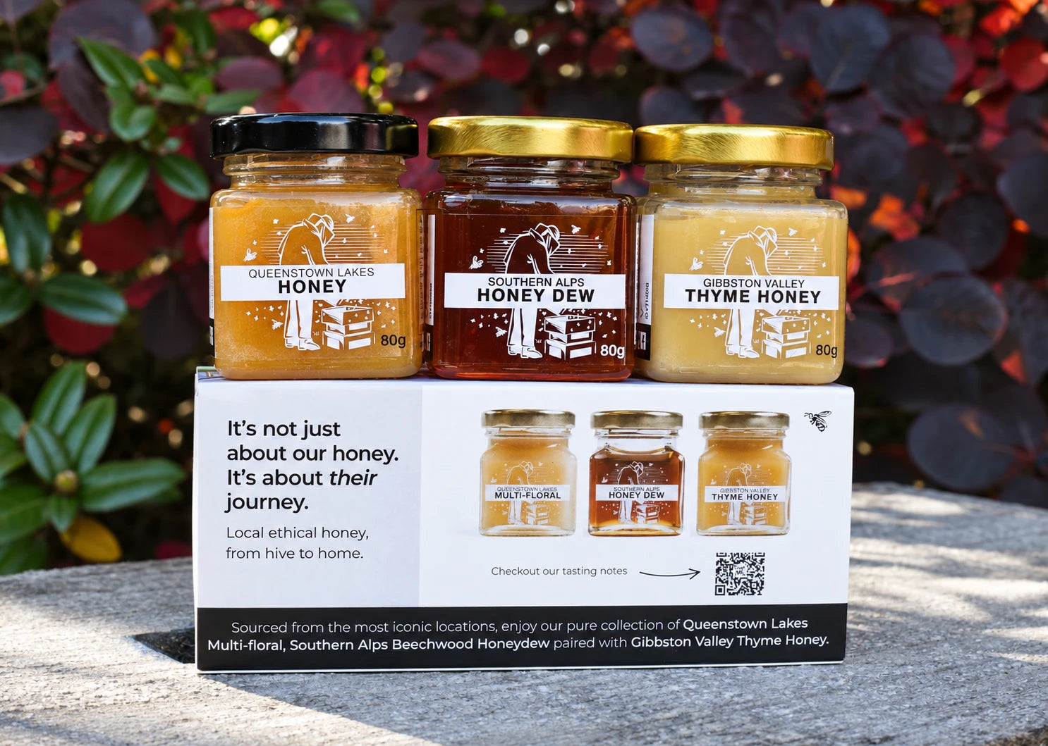 Back of the Queenstown Honey Gift Set box with QR code to tasting notes